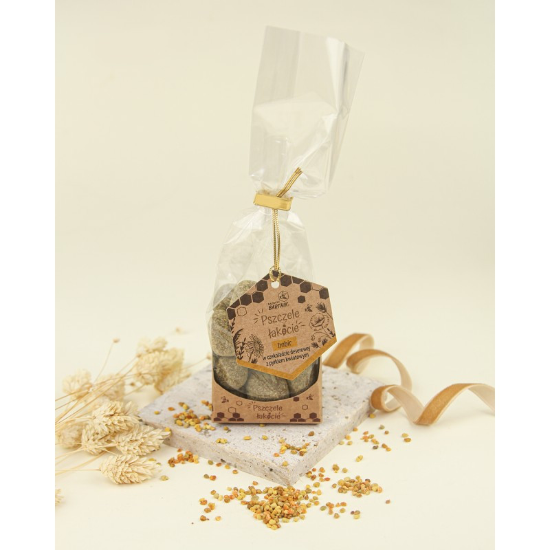 Imbir w gorzkiej czekoladzie z pyłkiem kwiatowym – 100 g Imbir w gorzkiej czekoladzie z pyłkiem kwiatowym – 100 g